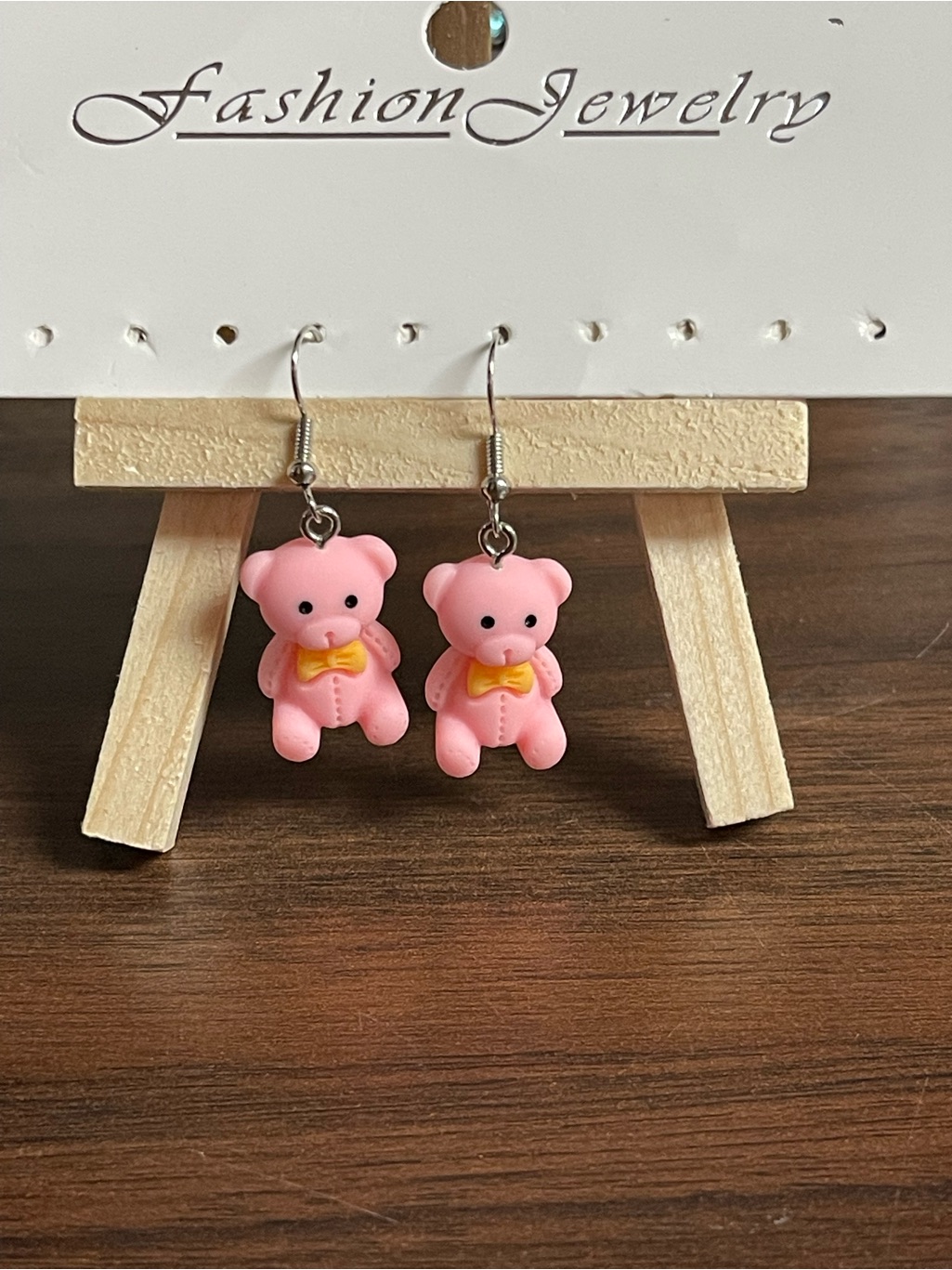 Fashion Jewelry Pink Teddy Bear Earrings With Yellow Bow